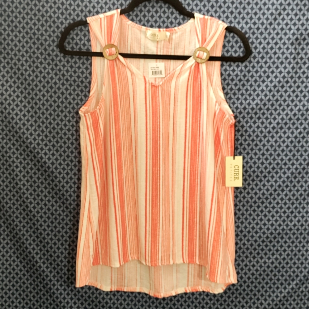 Cure Petites- Orange and white striped tank top with button detail. New. Size- S